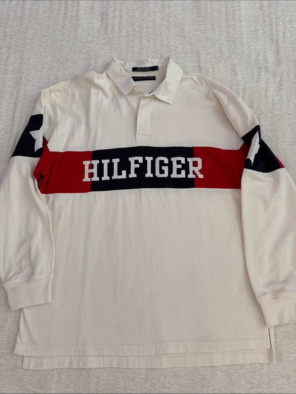 Tommy Hilfiger Cream Rugby Shirt with Red & Navy Hilfiger Stripe